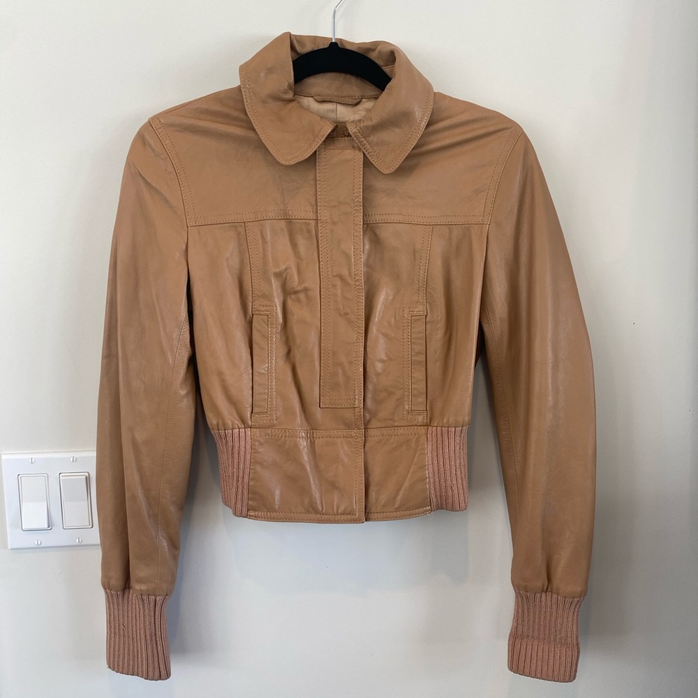 Catherine Malandrino Stunning Lamb Leather Bomber Jacket Coat Camel Tan